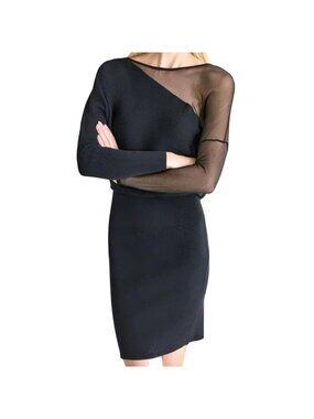 DKNY Women's Asymmetrical Sheer-Inset Sweater Dress Black‎ Size Large NWT